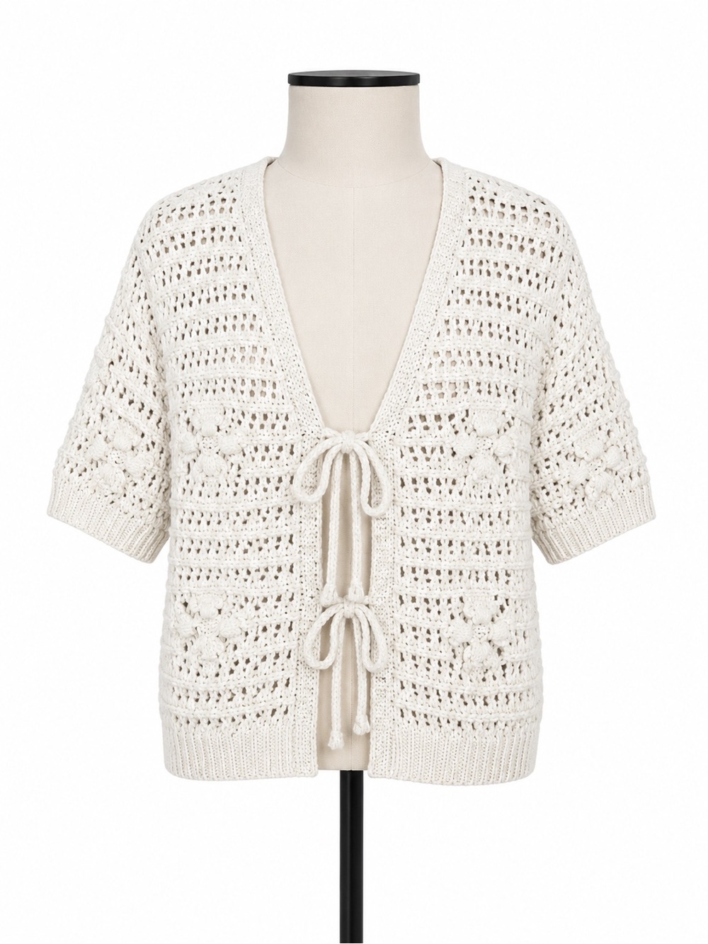 Zara Womens Textured Crochet Cardigan Size XL Cotton Knit Short Sleeve Cream Tie